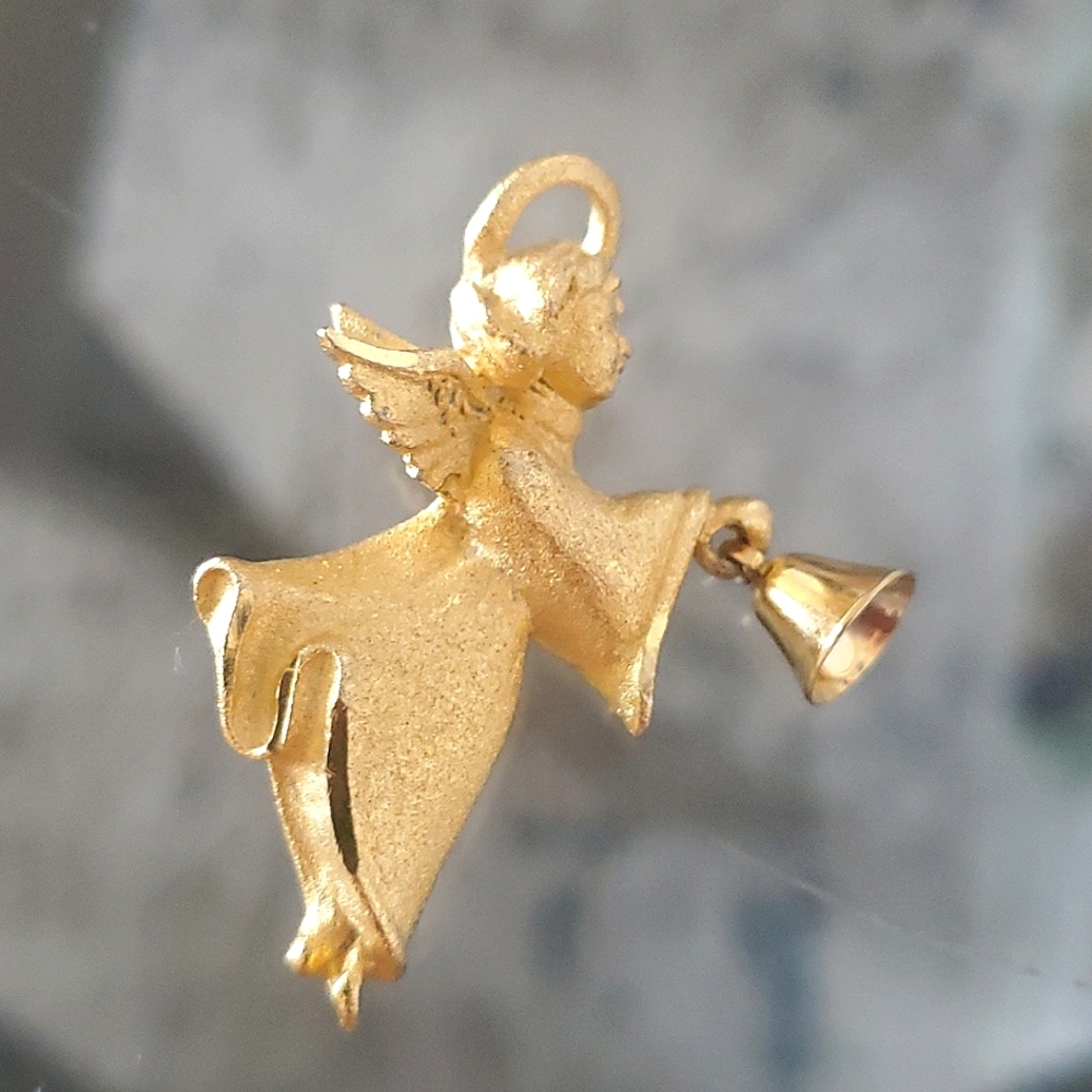 Signed Christmas Angel & Bell Pin Brooch RR Robyn Rush Matte Goldtone